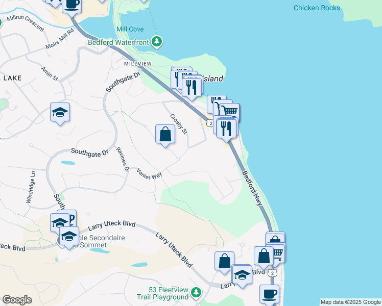 map of restaurants, bars, coffee shops, grocery stores, and more near 26 Millview Avenue in Bedford