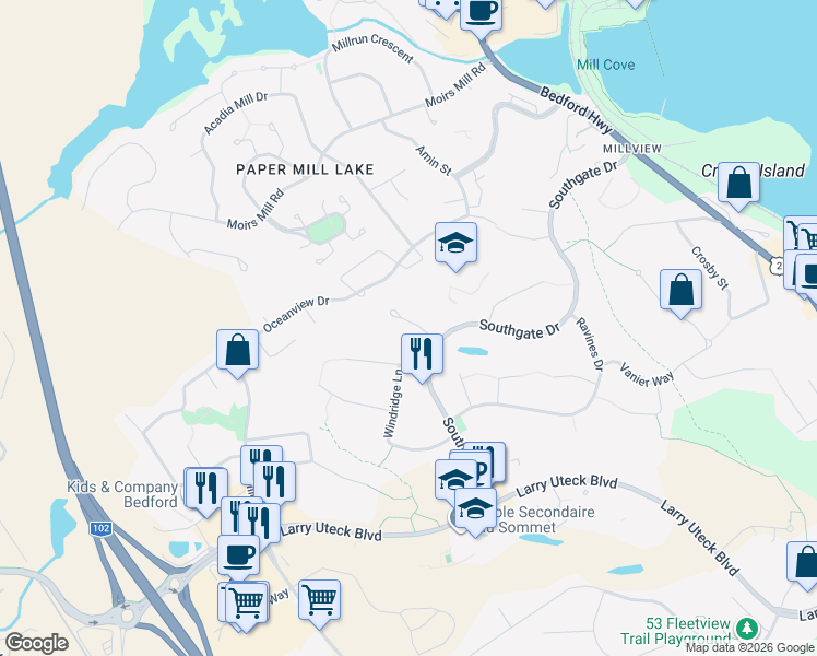 map of restaurants, bars, coffee shops, grocery stores, and more near 30 Kirkwood Court in Bedford