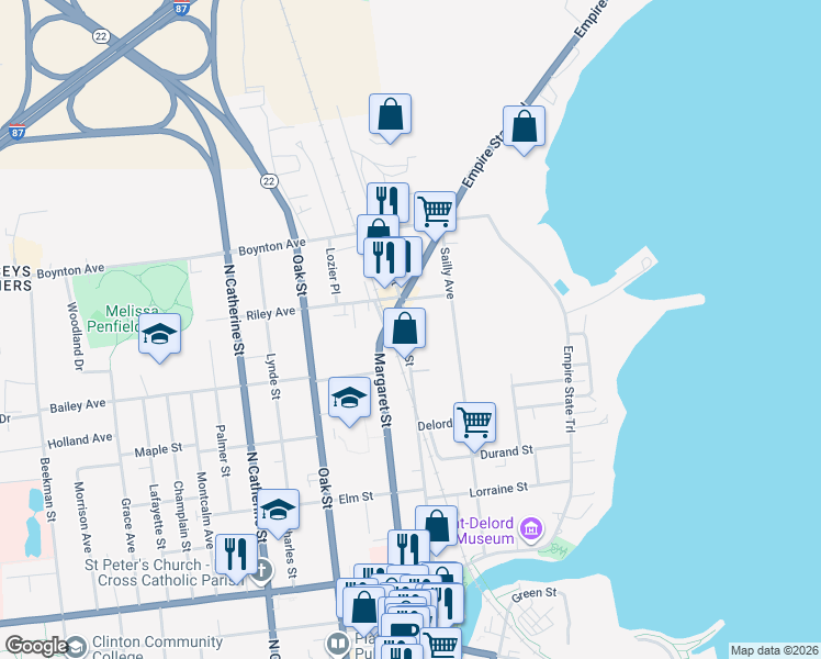 map of restaurants, bars, coffee shops, grocery stores, and more near 272 Margaret Street in Plattsburgh