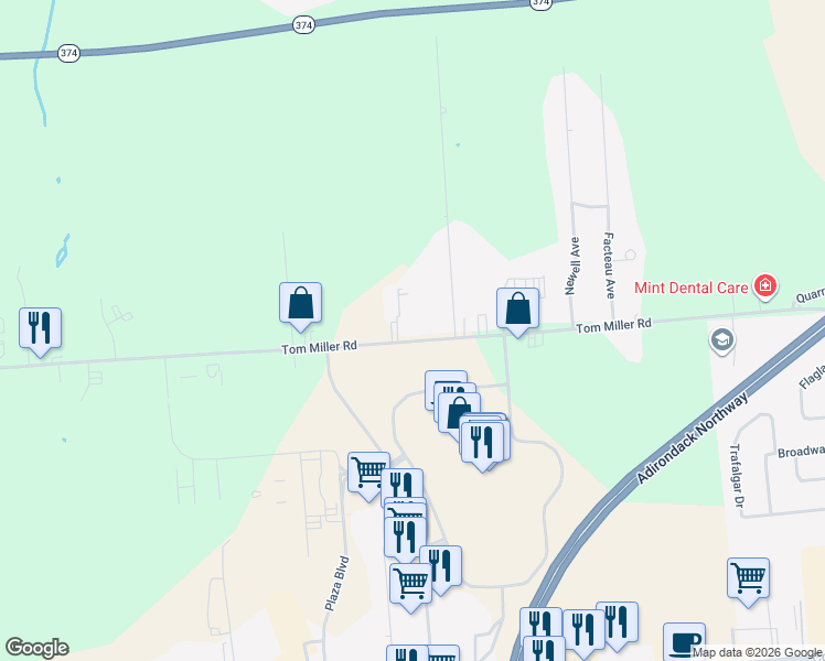 map of restaurants, bars, coffee shops, grocery stores, and more near 131-165 Tom Miller Rd in Plattsburgh