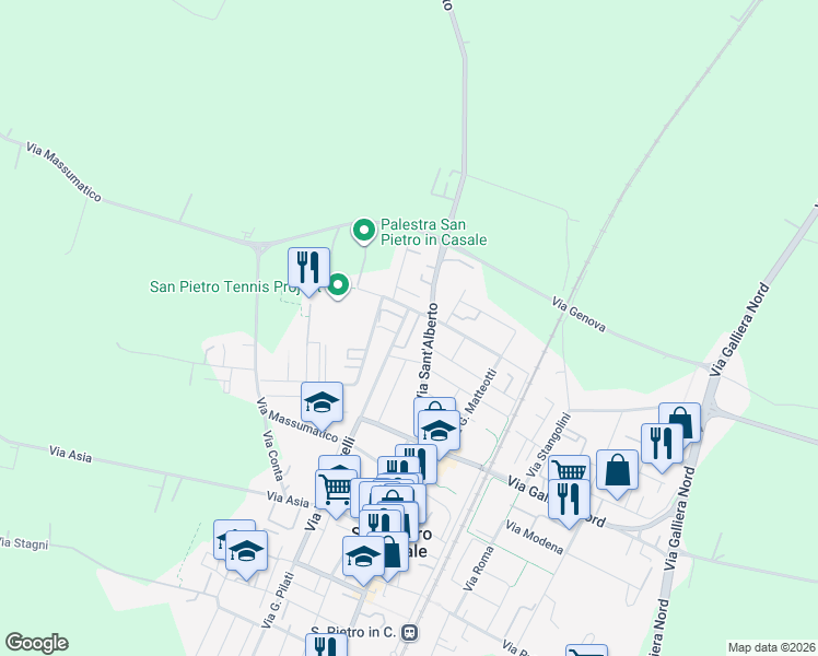 map of restaurants, bars, coffee shops, grocery stores, and more near 24 Via XXV Aprile in San Pietro In Casale
