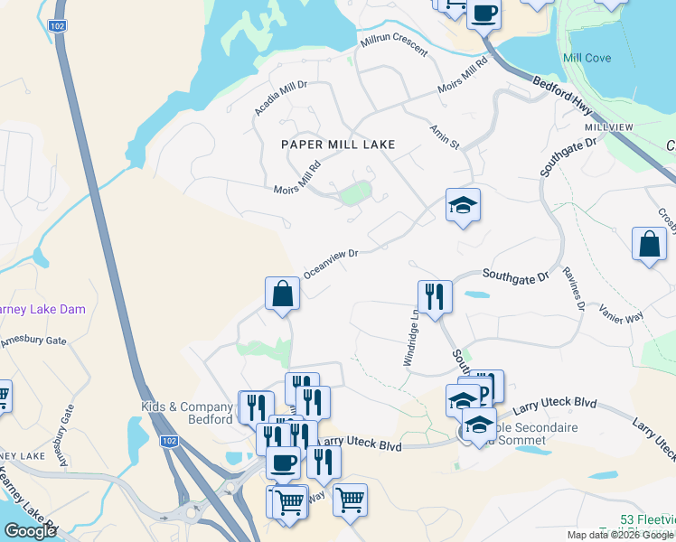 map of restaurants, bars, coffee shops, grocery stores, and more near 15 Peverill Court in Bedford