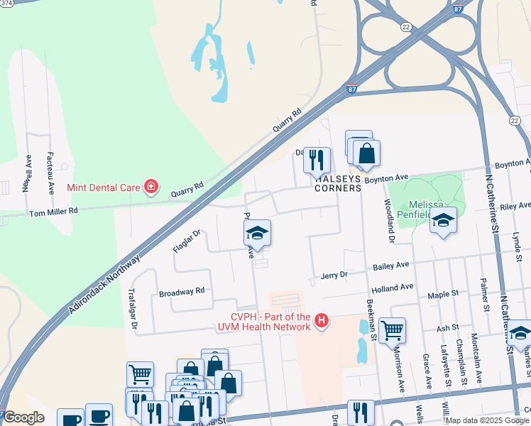 map of restaurants, bars, coffee shops, grocery stores, and more near 4 Summer Hill Court in Plattsburgh