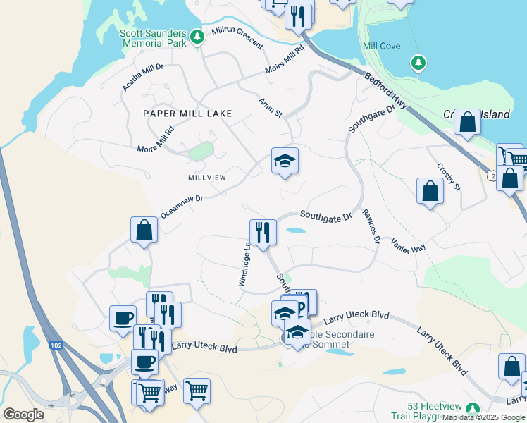 map of restaurants, bars, coffee shops, grocery stores, and more near 25 Kirkwood Court in Bedford