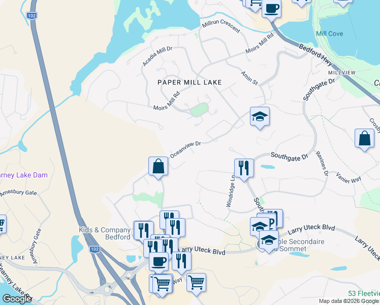 map of restaurants, bars, coffee shops, grocery stores, and more near 15 Peverill Court in Bedford