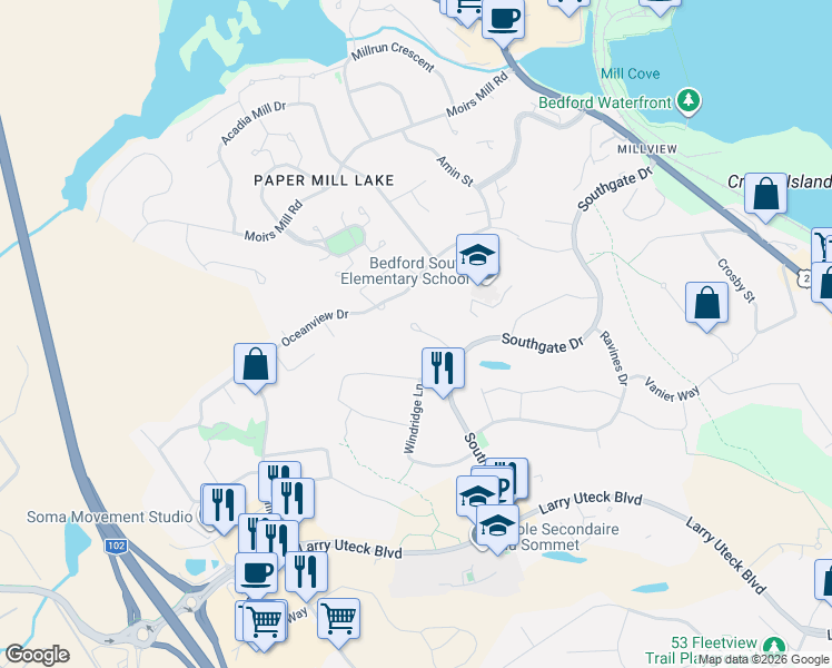 map of restaurants, bars, coffee shops, grocery stores, and more near 44 Kirkwood Court in Bedford