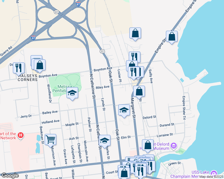 map of restaurants, bars, coffee shops, grocery stores, and more near 159 Oak Street in Plattsburgh