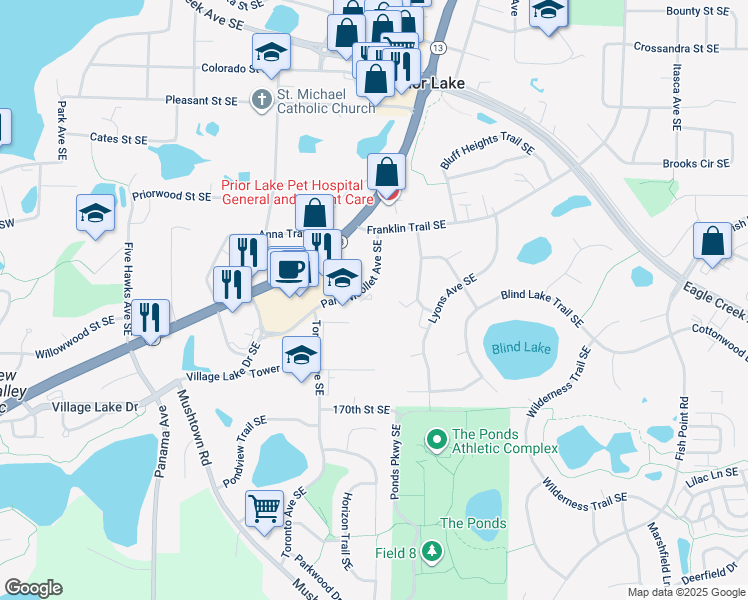 map of restaurants, bars, coffee shops, grocery stores, and more near 4685 Park Nicollet Avenue Southeast in Prior Lake