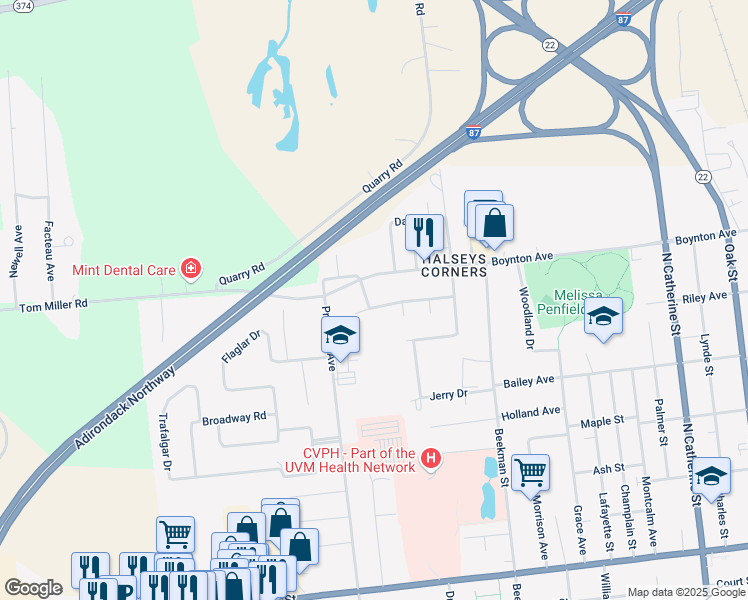map of restaurants, bars, coffee shops, grocery stores, and more near 6 Wood Street in Plattsburgh