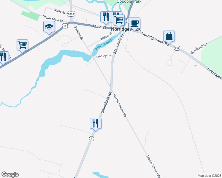 map of restaurants, bars, coffee shops, grocery stores, and more near 64 Smithfield Road in Norridgewock