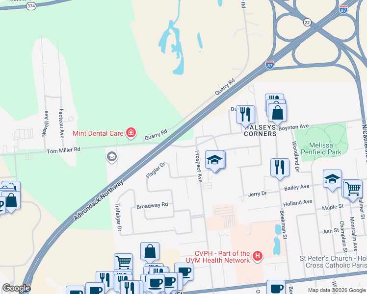 map of restaurants, bars, coffee shops, grocery stores, and more near County Road 26 in Plattsburgh