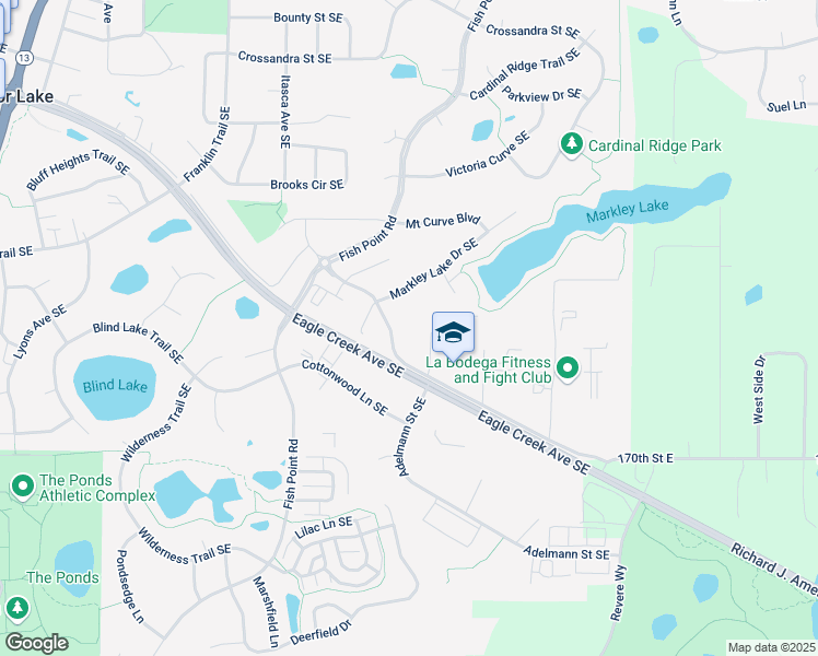 map of restaurants, bars, coffee shops, grocery stores, and more near 5600 Credit River Road Southeast in Prior Lake