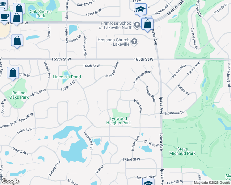 map of restaurants, bars, coffee shops, grocery stores, and more near 16670 Jackpine Trail in Lakeville