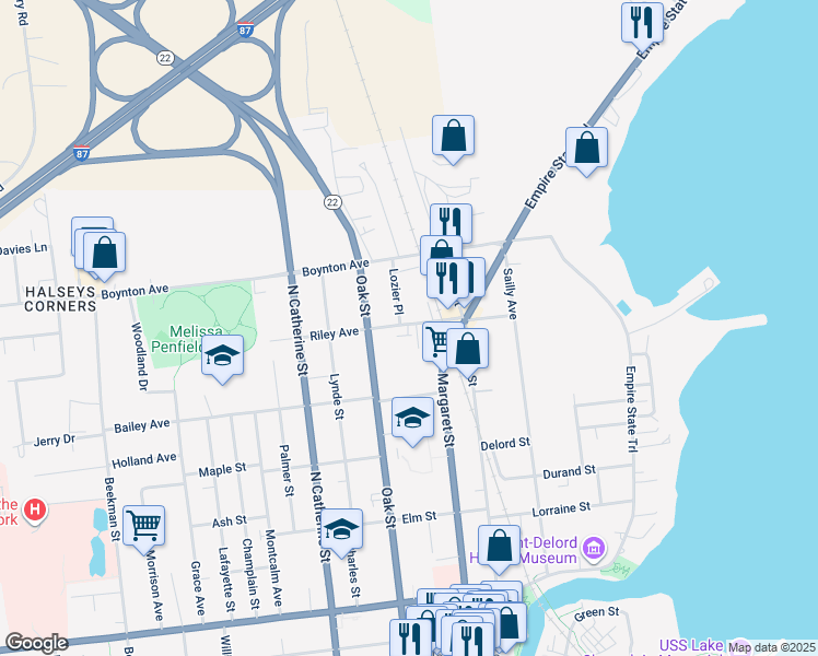 map of restaurants, bars, coffee shops, grocery stores, and more near 38 Riley Avenue in Plattsburgh
