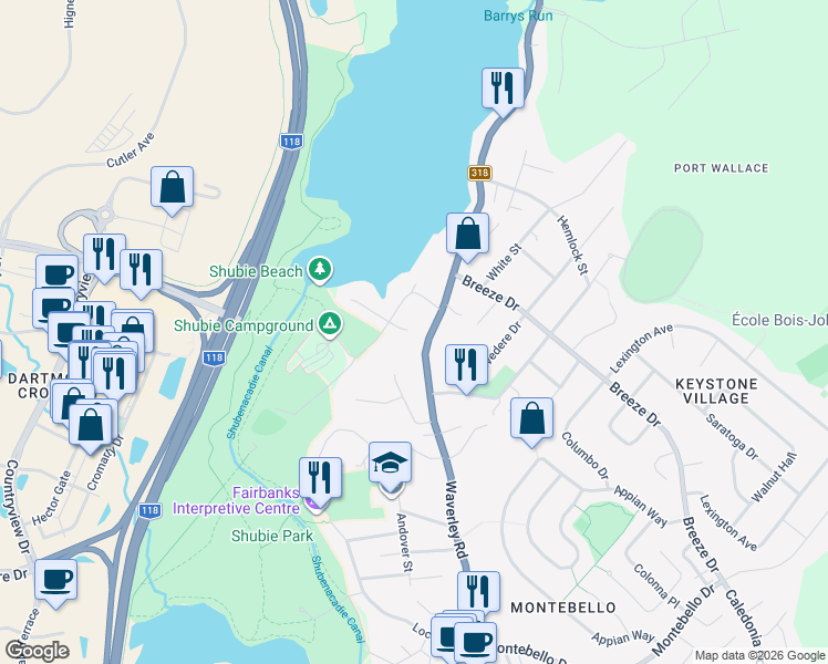 map of restaurants, bars, coffee shops, grocery stores, and more near 13 John Brenton Drive in Dartmouth