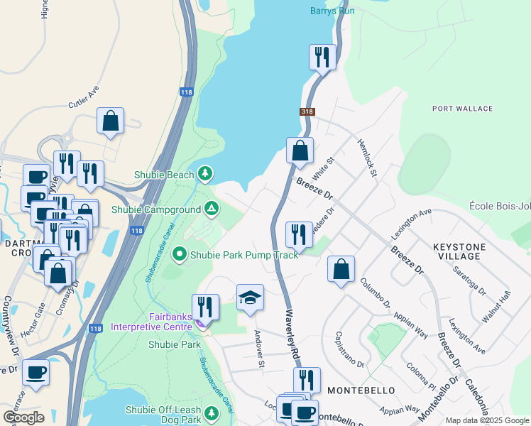 map of restaurants, bars, coffee shops, grocery stores, and more near 4 Dubonnet Drive in Dartmouth