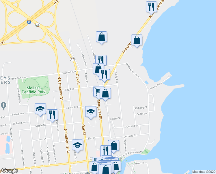 map of restaurants, bars, coffee shops, grocery stores, and more near 146 Miller Street in Plattsburgh