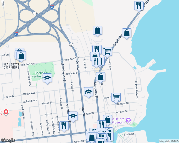 map of restaurants, bars, coffee shops, grocery stores, and more near 38 Riley Avenue in Plattsburgh