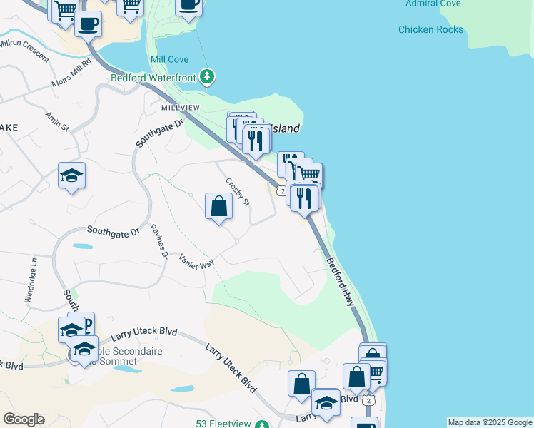map of restaurants, bars, coffee shops, grocery stores, and more near 11 Millview Avenue in Bedford