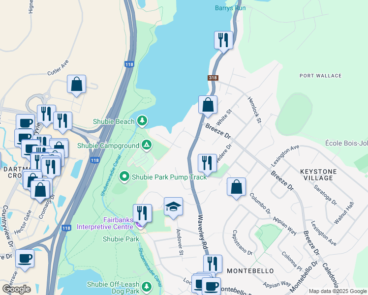 map of restaurants, bars, coffee shops, grocery stores, and more near 4 Dubonnet Drive in Dartmouth