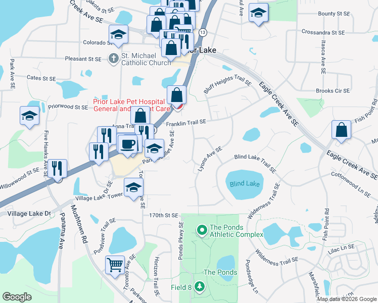 map of restaurants, bars, coffee shops, grocery stores, and more near 16713 Brunswick Avenue Southeast in Prior Lake