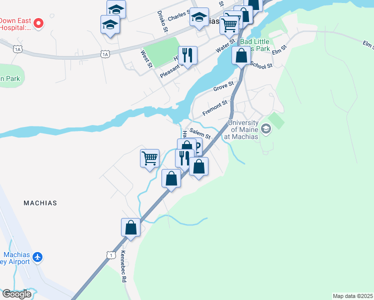 map of restaurants, bars, coffee shops, grocery stores, and more near 17 Harwood Street in Machias