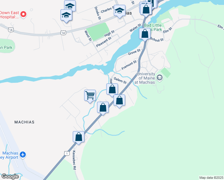 map of restaurants, bars, coffee shops, grocery stores, and more near 17 Harwood Street in Machias