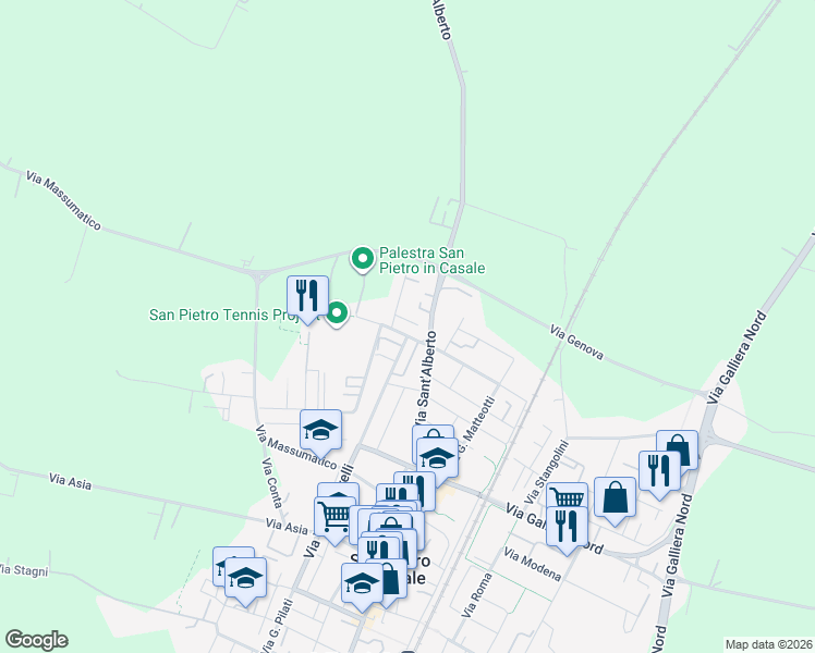 map of restaurants, bars, coffee shops, grocery stores, and more near 22 Via U. Sacchetti in San Pietro In Casale