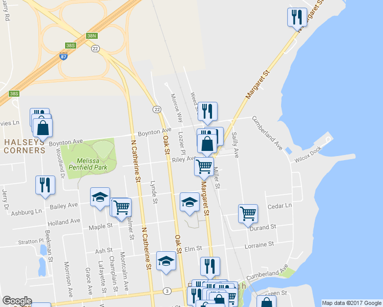 map of restaurants, bars, coffee shops, grocery stores, and more near 38 Riley Ave in Plattsburgh