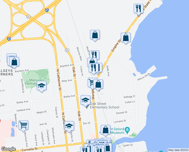map of restaurants, bars, coffee shops, grocery stores, and more near 24 Riley Avenue in Plattsburgh
