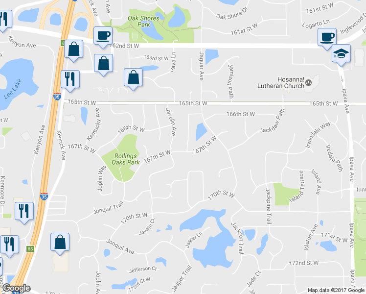 map of restaurants, bars, coffee shops, grocery stores, and more near 16691 Jacaranda Way in Lakeville