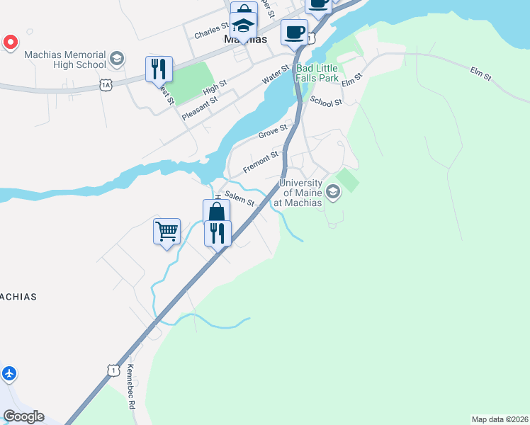 map of restaurants, bars, coffee shops, grocery stores, and more near 88 Dublin Street in Machias
