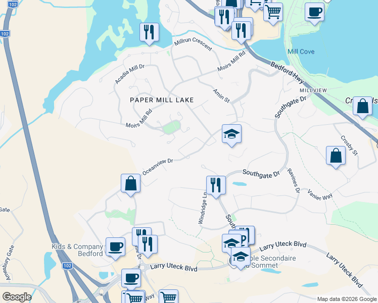 map of restaurants, bars, coffee shops, grocery stores, and more near 105 Oceanview Drive in Bedford