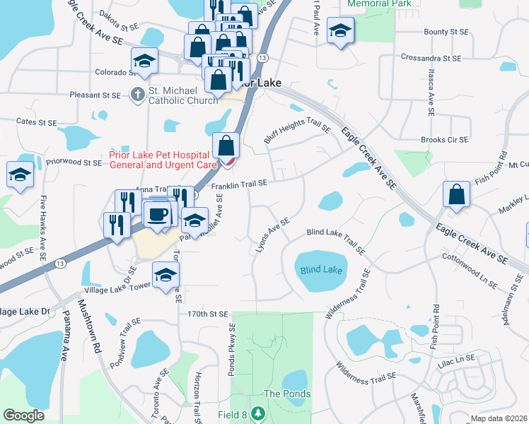 map of restaurants, bars, coffee shops, grocery stores, and more near 16707 Dublin Road Southeast in Prior Lake