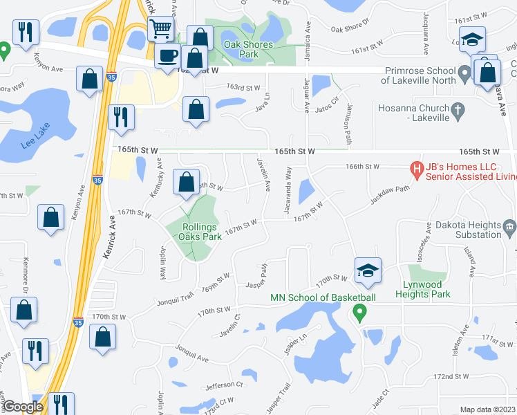 map of restaurants, bars, coffee shops, grocery stores, and more near 16679 Javelin Avenue in Lakeville