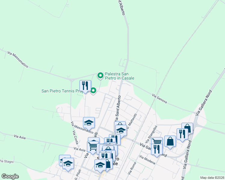 map of restaurants, bars, coffee shops, grocery stores, and more near 22 Via U. Sacchetti in San Pietro In Casale