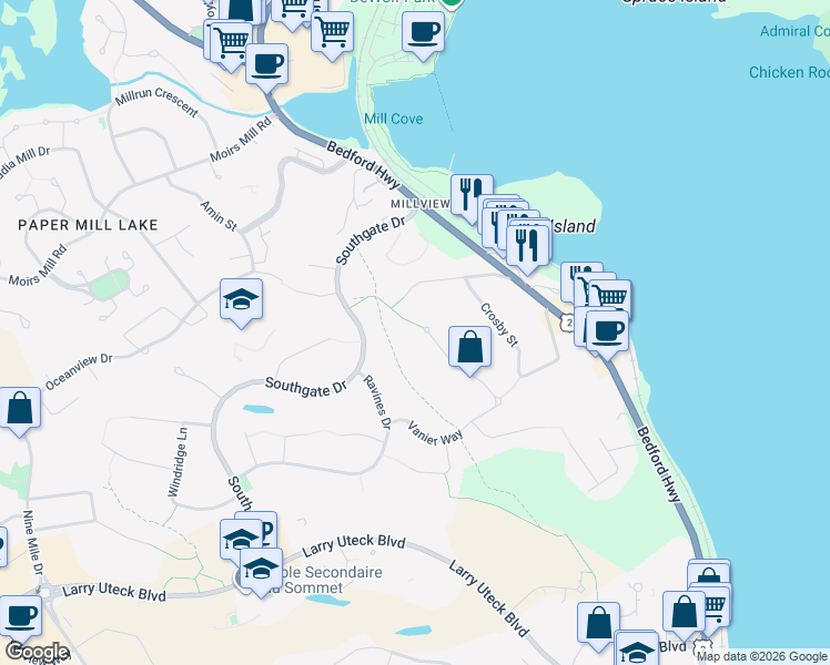 map of restaurants, bars, coffee shops, grocery stores, and more near 104 Shaughnessy Place in Bedford