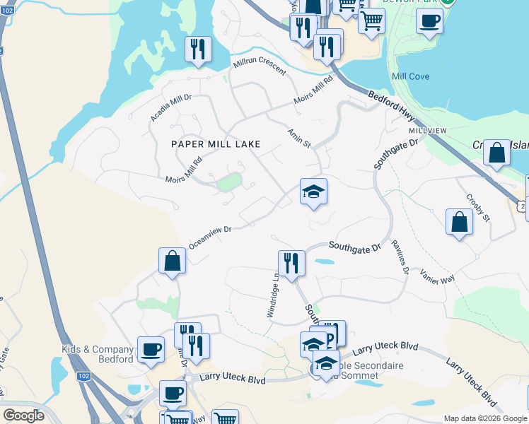 map of restaurants, bars, coffee shops, grocery stores, and more near 91 Oceanview Drive in Bedford