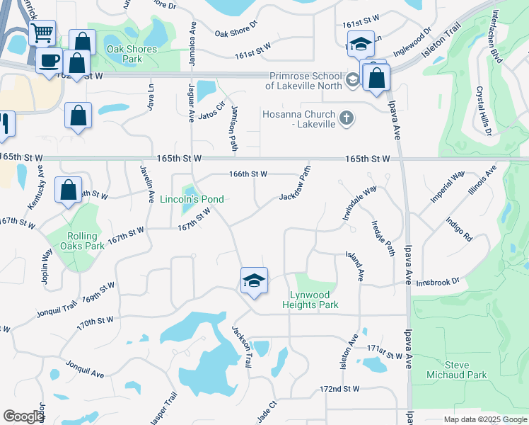 map of restaurants, bars, coffee shops, grocery stores, and more near 16656 Jackdaw Path in Lakeville