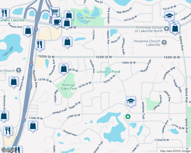 map of restaurants, bars, coffee shops, grocery stores, and more near 16691 Jacaranda Way in Lakeville
