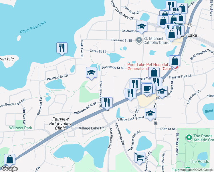 map of restaurants, bars, coffee shops, grocery stores, and more near 16635 Five Hawks Avenue Southeast in Prior Lake