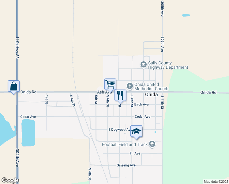 map of restaurants, bars, coffee shops, grocery stores, and more near Main Street in Onida
