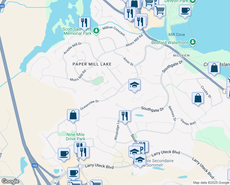 map of restaurants, bars, coffee shops, grocery stores, and more near 85 Oceanview Drive in Bedford