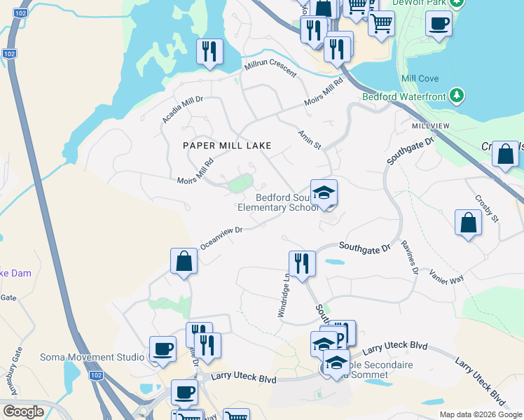 map of restaurants, bars, coffee shops, grocery stores, and more near 32 James Winfield Lane in Bedford