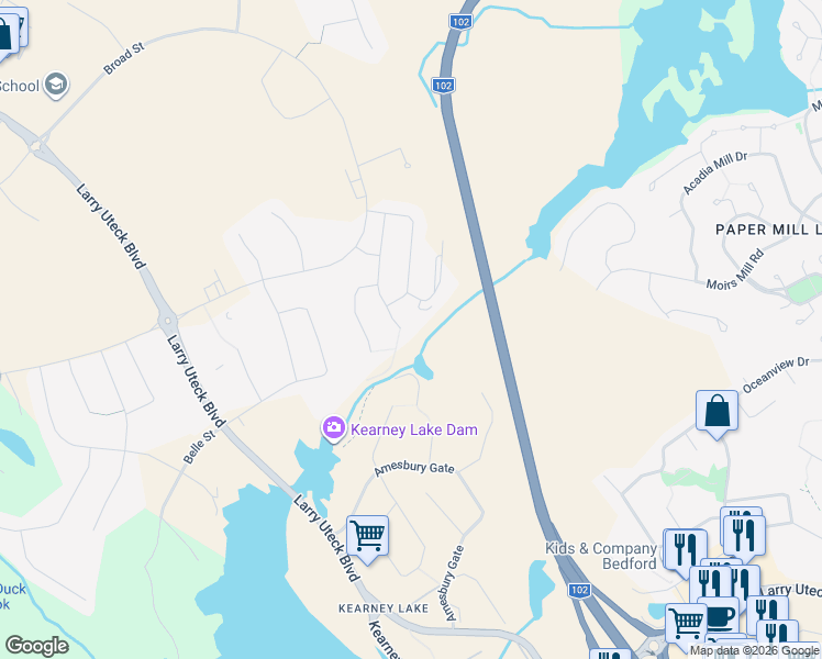 map of restaurants, bars, coffee shops, grocery stores, and more near 128 Innsbrook Way in Bedford