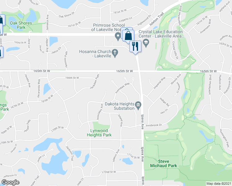 map of restaurants, bars, coffee shops, grocery stores, and more near Irwindale Way in Lakeville