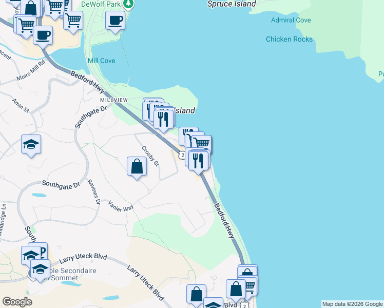 map of restaurants, bars, coffee shops, grocery stores, and more near 771 Bedford Highway in Bedford