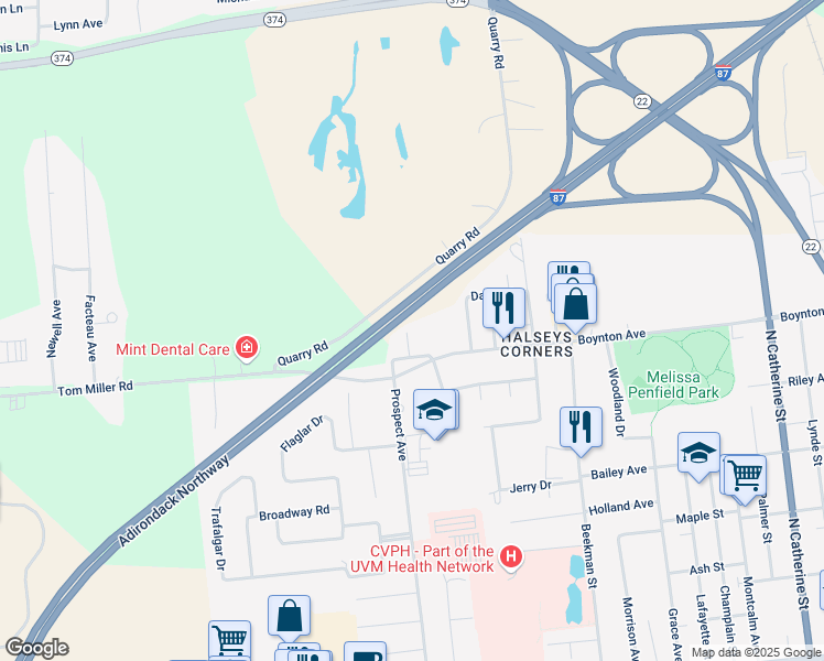 map of restaurants, bars, coffee shops, grocery stores, and more near 6 Wood Street in Plattsburgh
