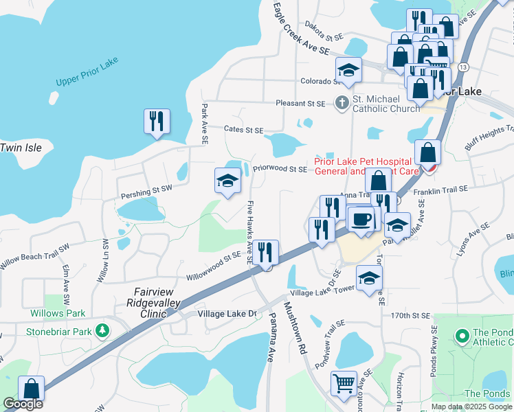 map of restaurants, bars, coffee shops, grocery stores, and more near 16635 Five Hawks Avenue Southeast in Prior Lake