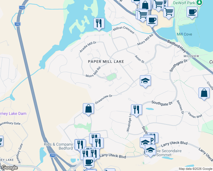 map of restaurants, bars, coffee shops, grocery stores, and more near 6 Binnacle Court in Bedford